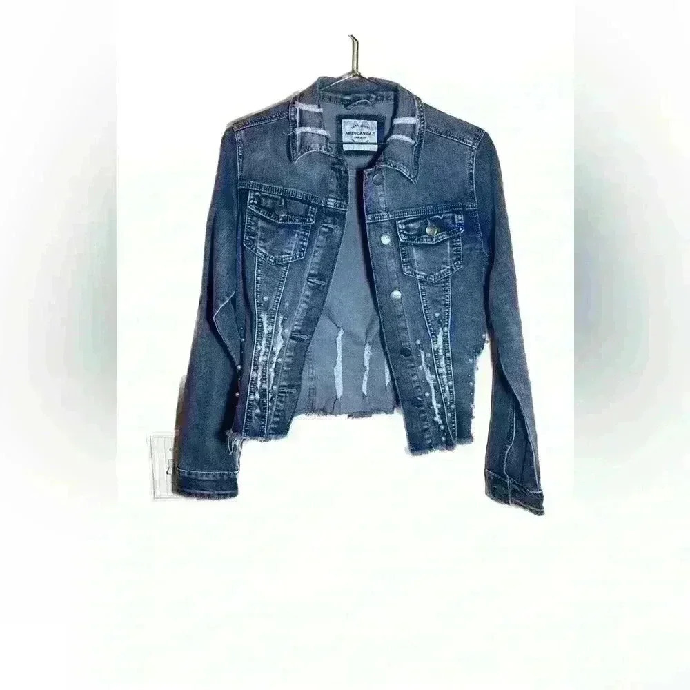 American bazi boutique Jean jacket with beads and pearl details size small